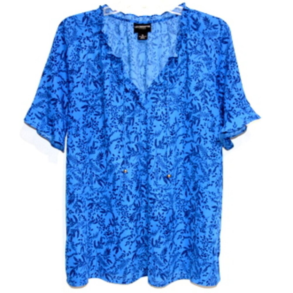Liz Claiborne Career Women’s Blue Floral Neck Ruffles Short Sleeve V-Neck Top XL